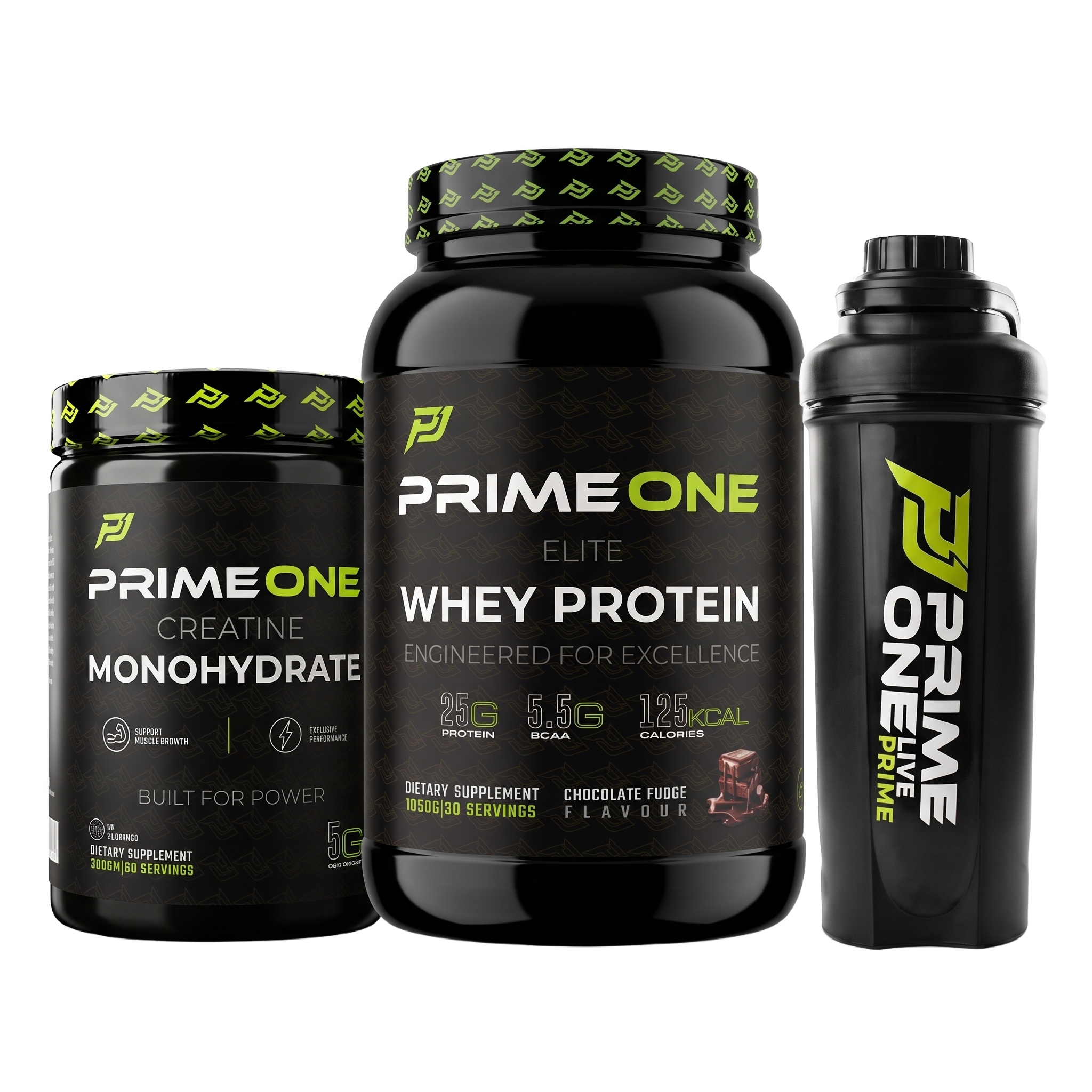 PrimeOne Complete Stack Bundle – Chocolate Fudge whey, Creatine 300g and Shaker (transparent)