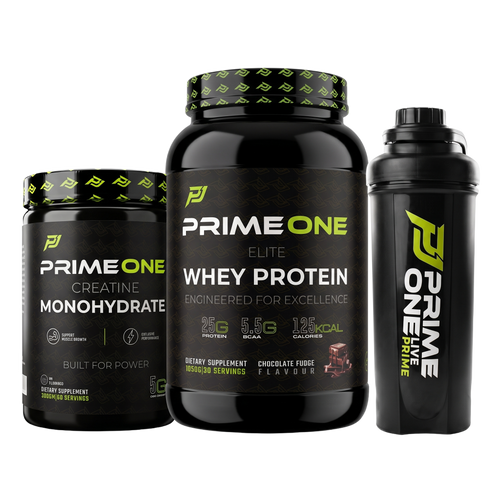 PrimeOne Complete Stack Bundle – Chocolate Fudge whey, Creatine 300g and Shaker (transparent)