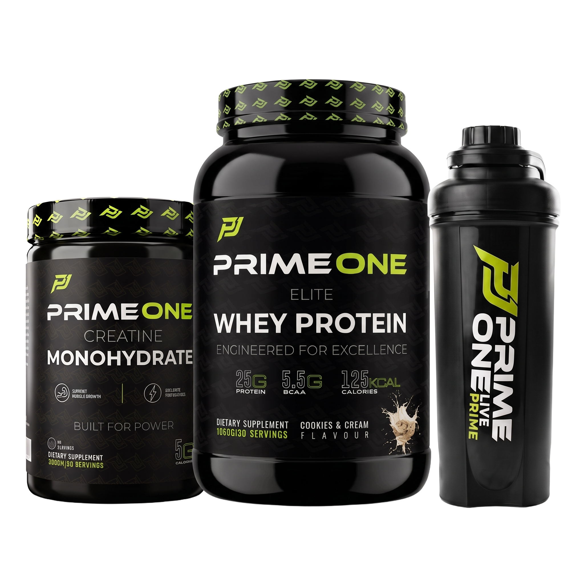 PrimeOne Complete Stack Bundle – Cookies & Cream whey, Creatine 300g and Shaker (transparent)
