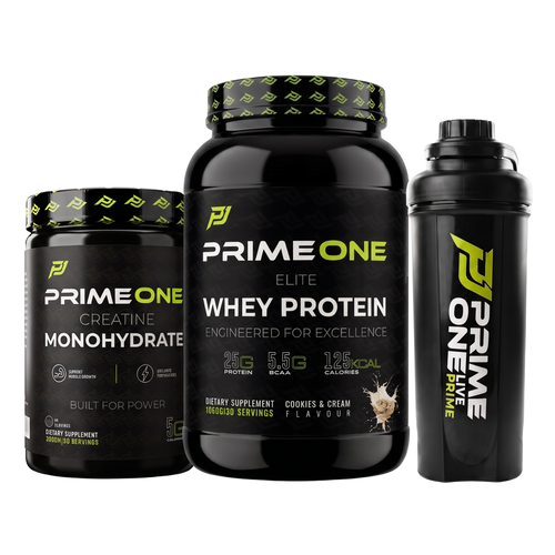 PrimeOne Complete Stack Bundle – Cookies & Cream whey, Creatine 300g and Shaker (transparent)