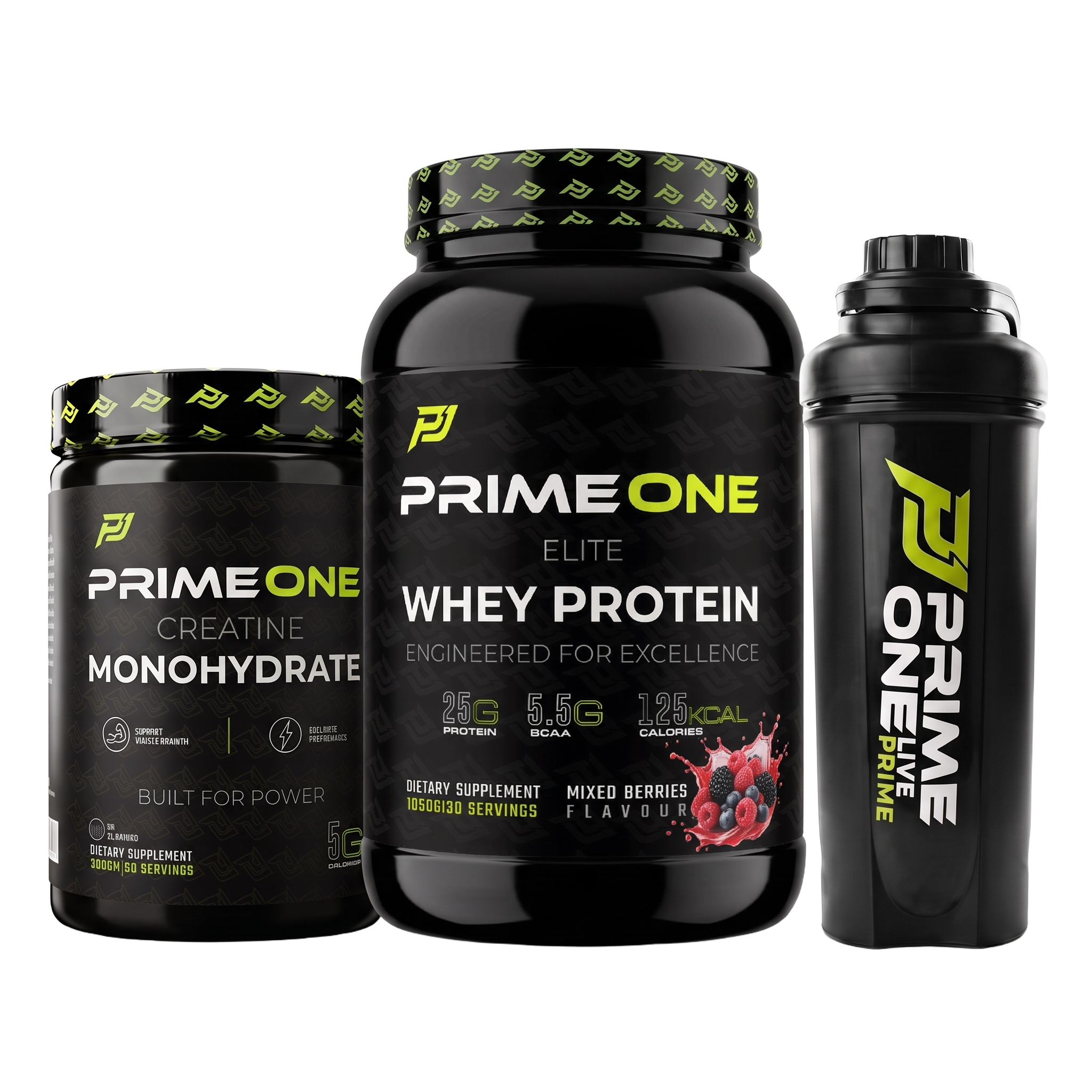 PrimeOne Complete Stack Bundle – Mixed Berries whey, Creatine 300g and Shaker (transparent)